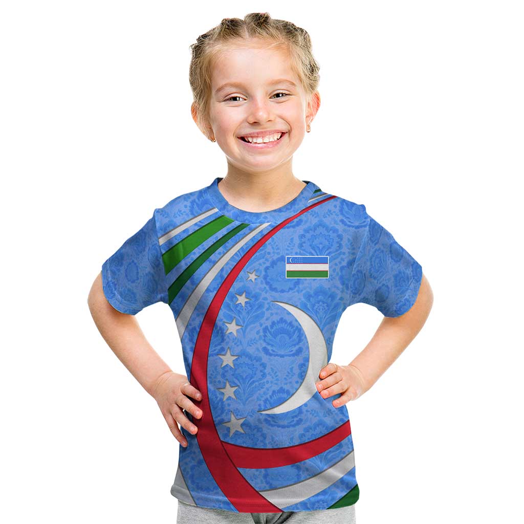 Uzbekistan Kid T Shirt with Crescent Star and Ornamental Swirl Design - Wonder Print Shop