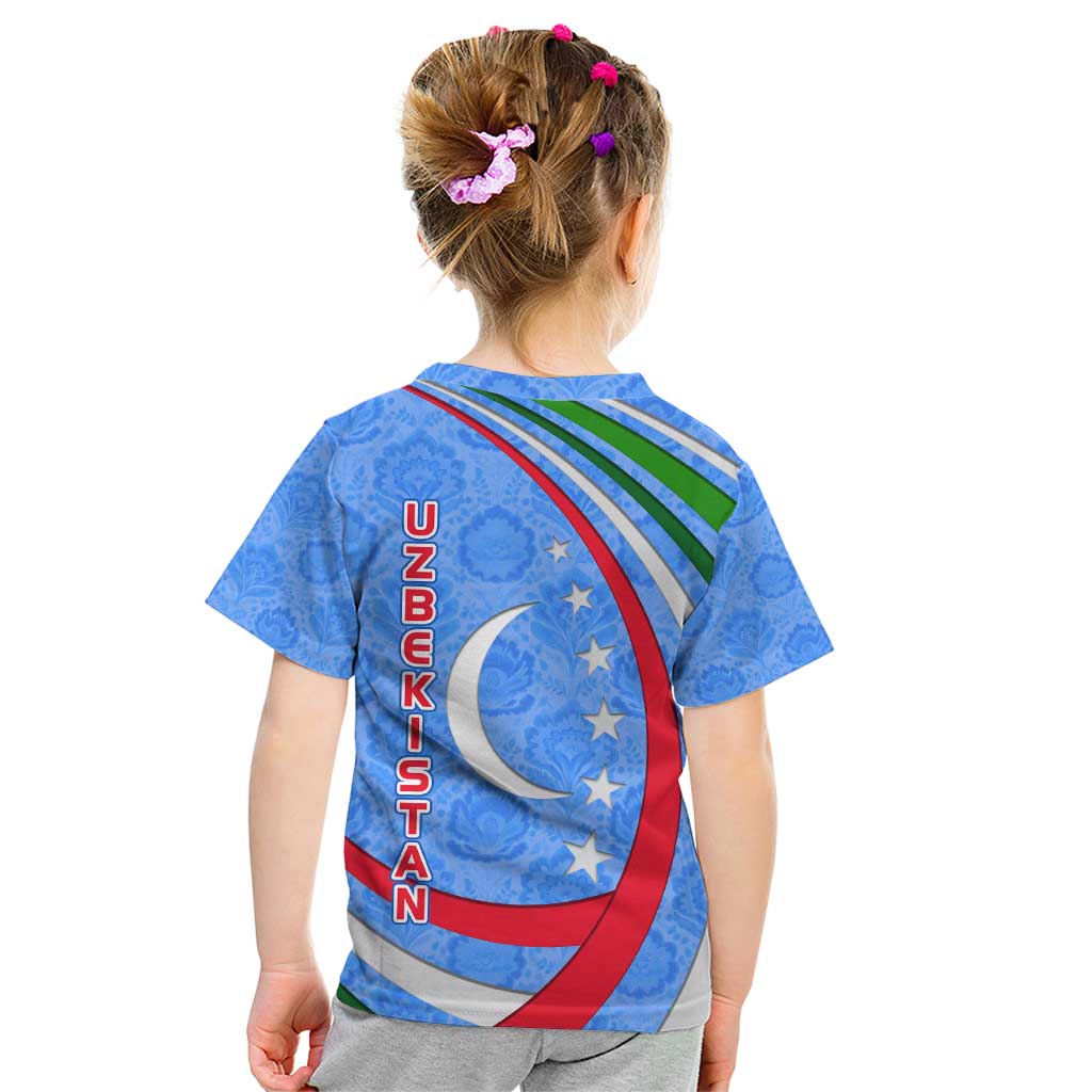 Uzbekistan Kid T Shirt with Crescent Star and Ornamental Swirl Design - Wonder Print Shop