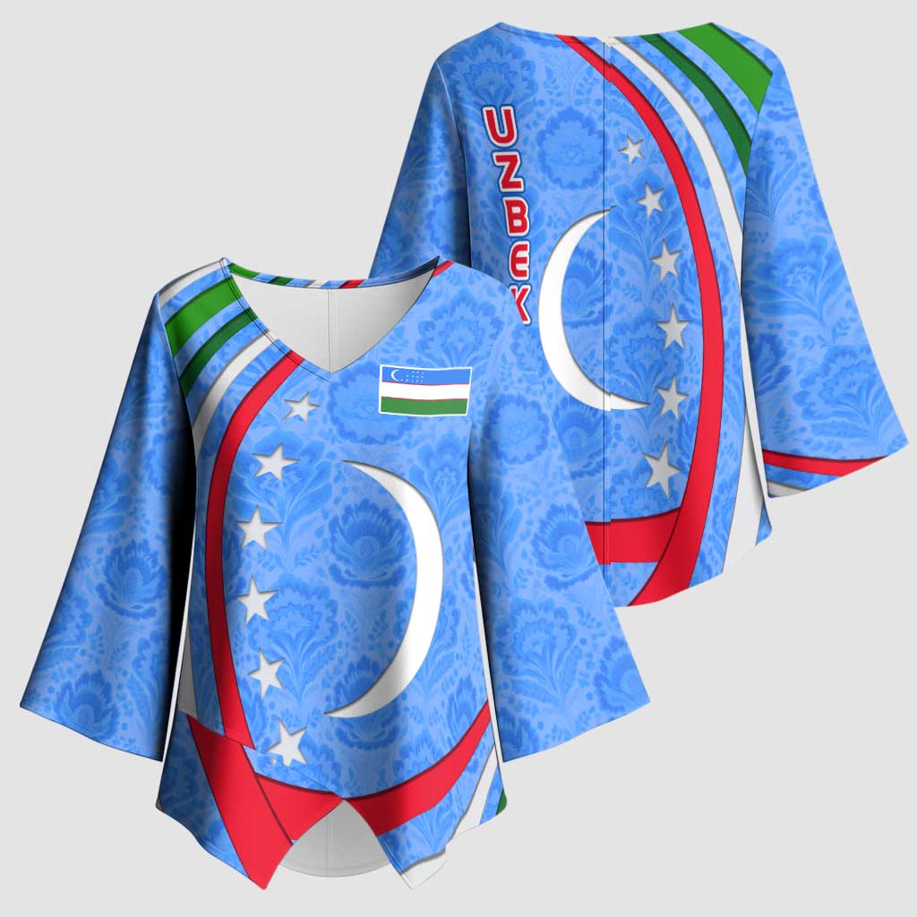 Uzbekistan Kimono Sleeve Blouse with Crescent Star and Ornamental Swirl Design - Wonder Print Shop