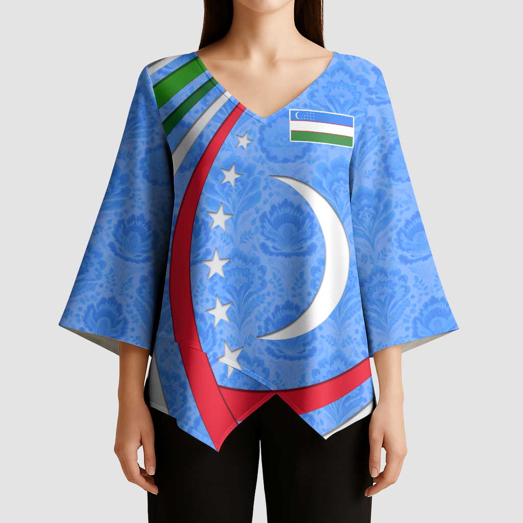 Uzbekistan Kimono Sleeve Blouse with Crescent Star and Ornamental Swirl Design - Wonder Print Shop