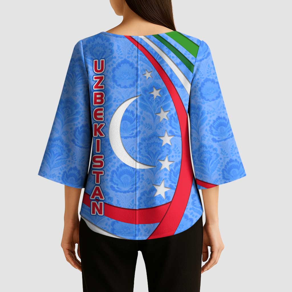 Uzbekistan Kimono Sleeve Blouse with Crescent Star and Ornamental Swirl Design - Wonder Print Shop