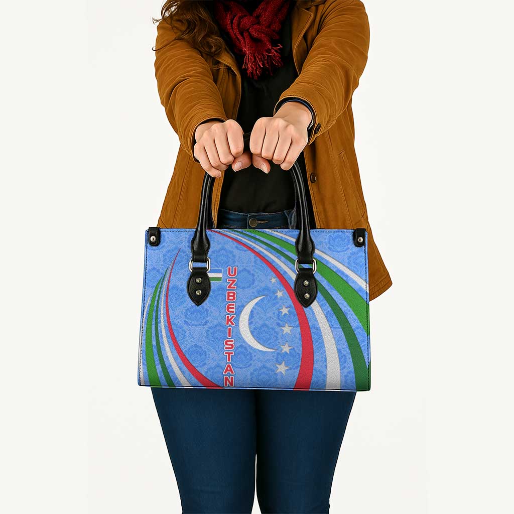 Uzbekistan Leather Bag with Crescent Star and Ornamental Swirl Design - Wonder Print Shop