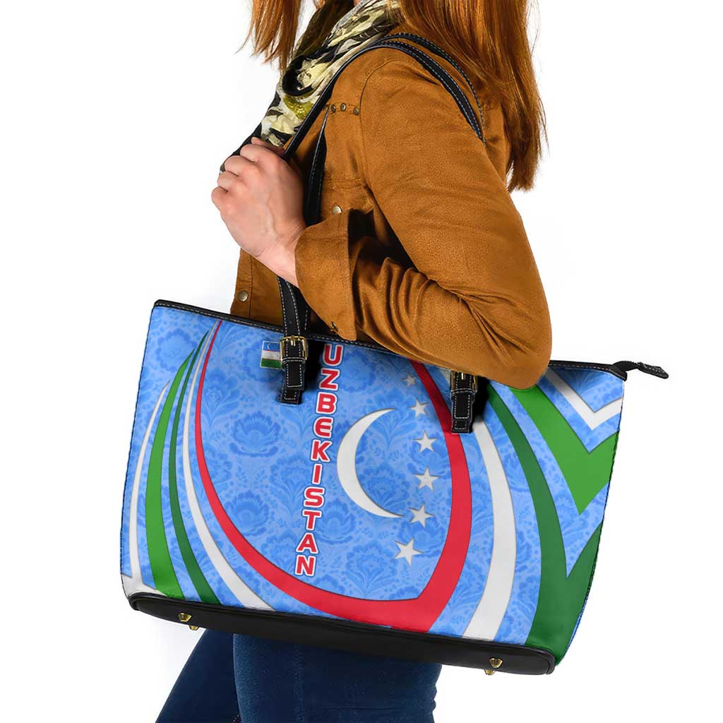 Uzbekistan Leather Tote Bag with Crescent Star and Ornamental Swirl Design - Wonder Print Shop