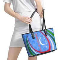 Uzbekistan Leather Tote Bag with Crescent Star and Ornamental Swirl Design - Wonder Print Shop