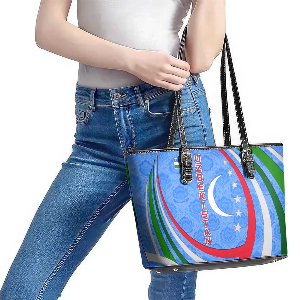 Uzbekistan Leather Tote Bag with Crescent Star and Ornamental Swirl Design - Wonder Print Shop