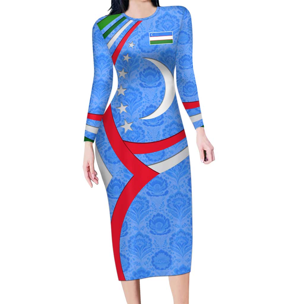 Uzbekistan Long Sleeve Bodycon Dress with Crescent Star and Ornamental Swirl Design - Wonder Print Shop