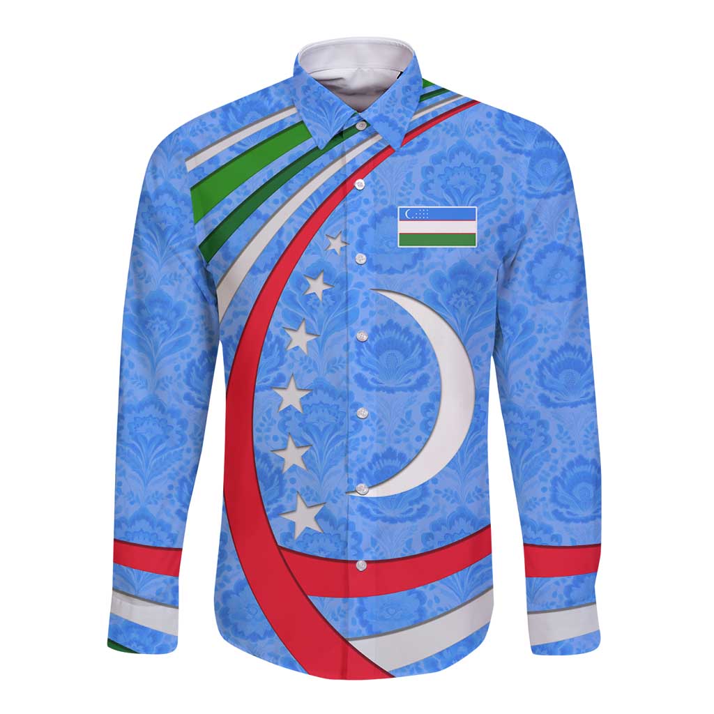 Uzbekistan Long Sleeve Button Shirt with Crescent Star and Ornamental Swirl Design - Wonder Print Shop