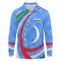 Uzbekistan Long Sleeve Polo Shirt with Crescent Star and Ornamental Swirl Design - Wonder Print Shop