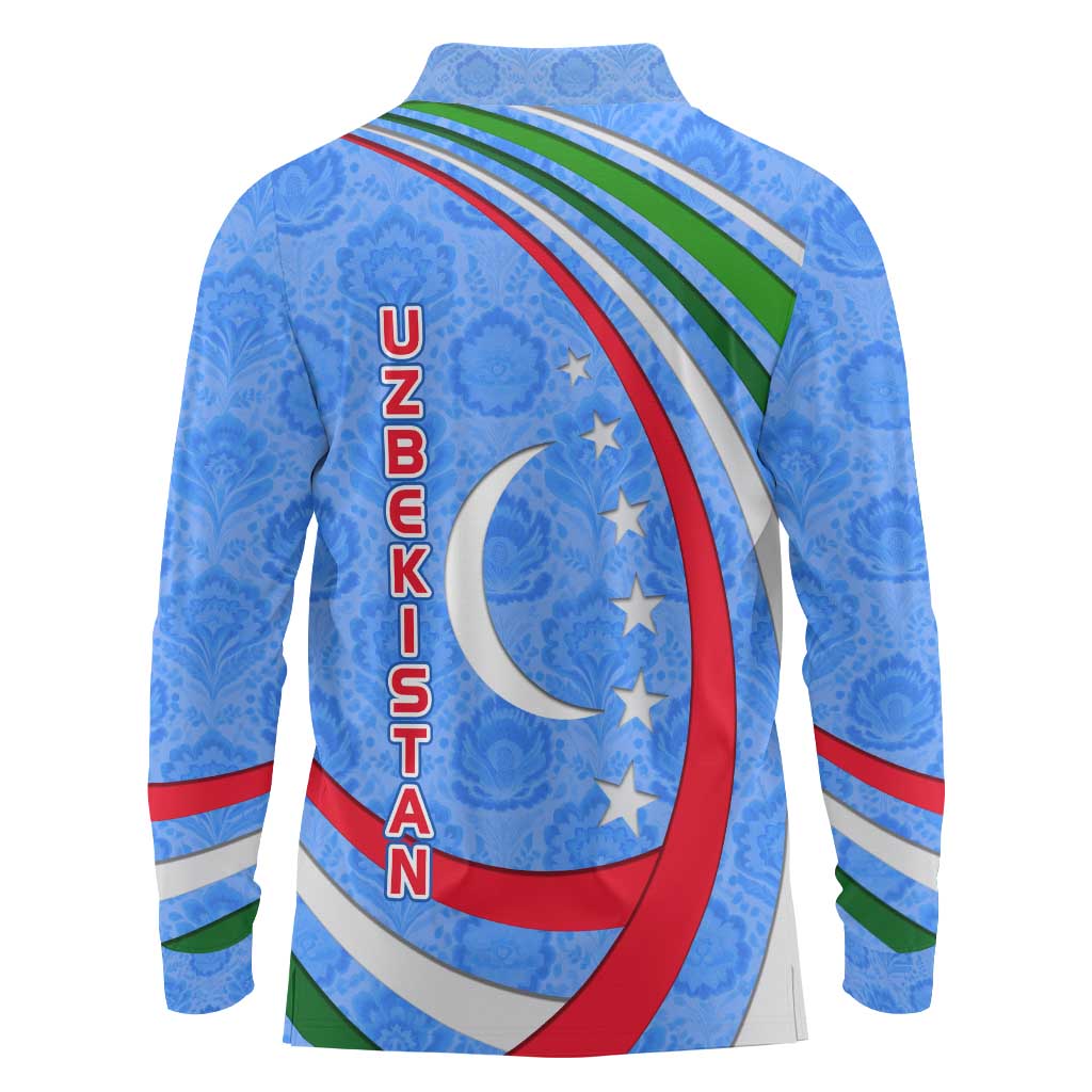 Uzbekistan Long Sleeve Polo Shirt with Crescent Star and Ornamental Swirl Design - Wonder Print Shop