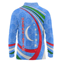 Uzbekistan Long Sleeve Polo Shirt with Crescent Star and Ornamental Swirl Design - Wonder Print Shop