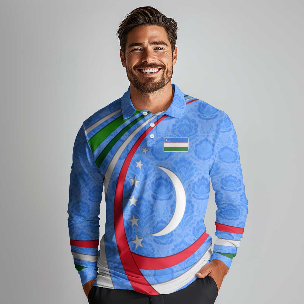 Uzbekistan Long Sleeve Polo Shirt with Crescent Star and Ornamental Swirl Design - Wonder Print Shop