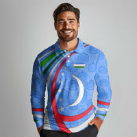 Uzbekistan Long Sleeve Polo Shirt with Crescent Star and Ornamental Swirl Design - Wonder Print Shop