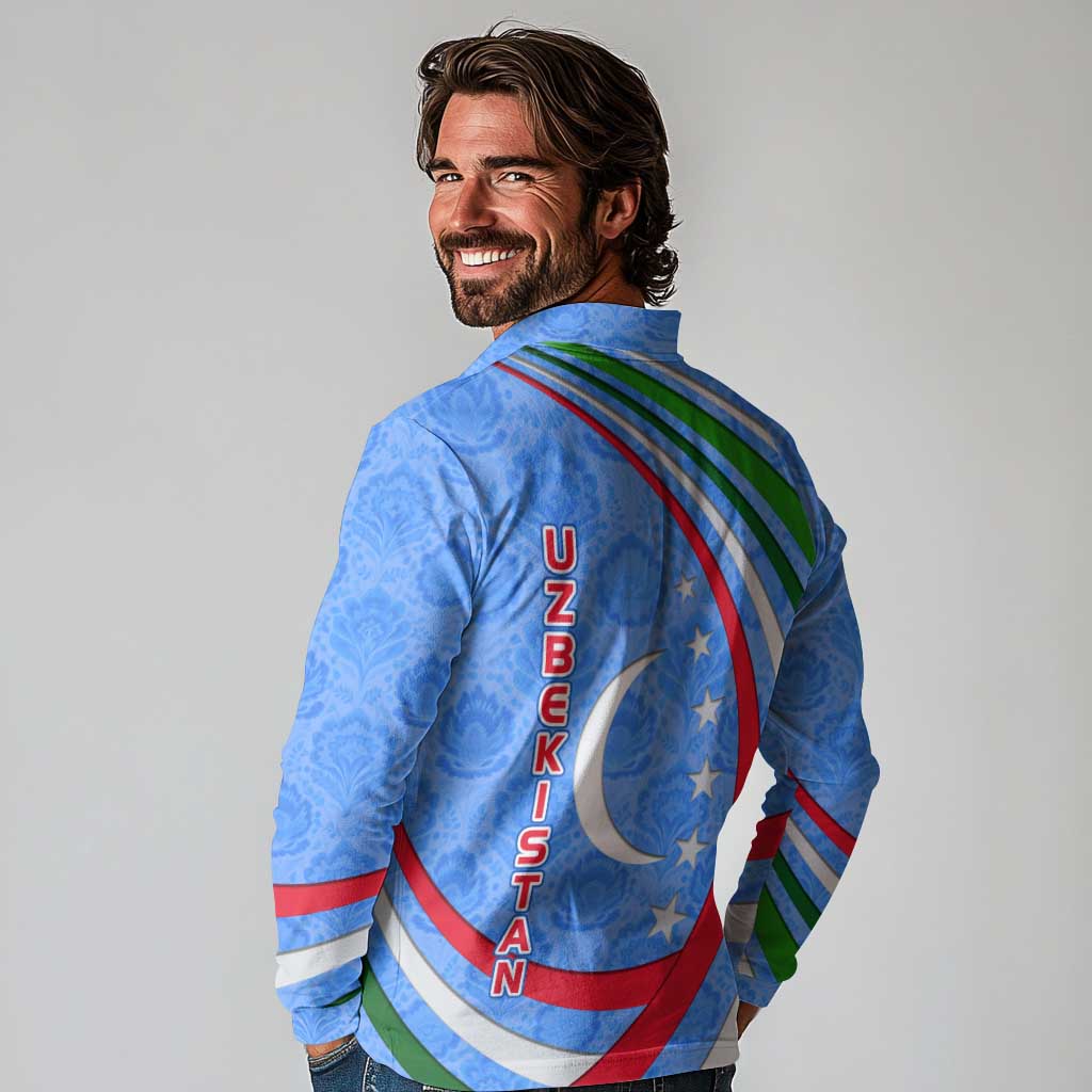 Uzbekistan Long Sleeve Polo Shirt with Crescent Star and Ornamental Swirl Design - Wonder Print Shop