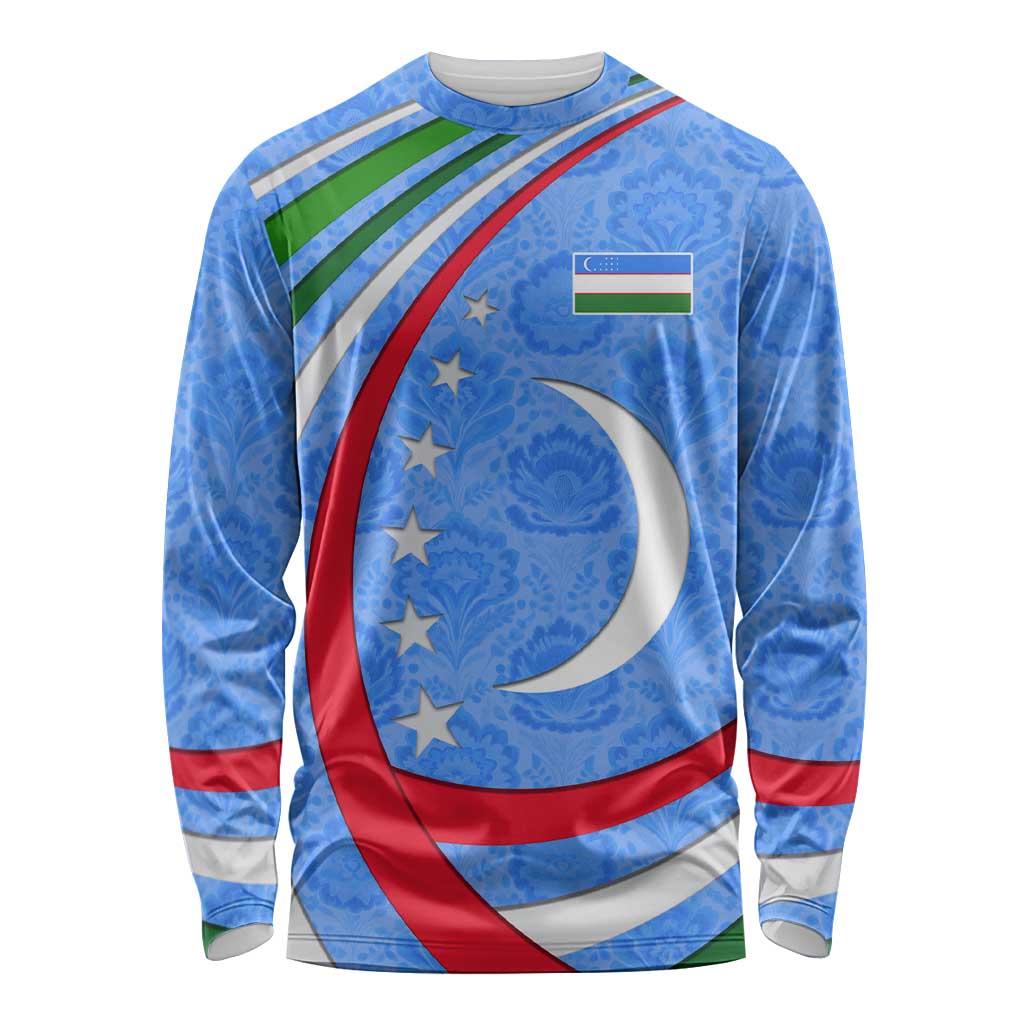 Uzbekistan Long Sleeve Shirt with Crescent Star and Ornamental Swirl Design - Wonder Print Shop