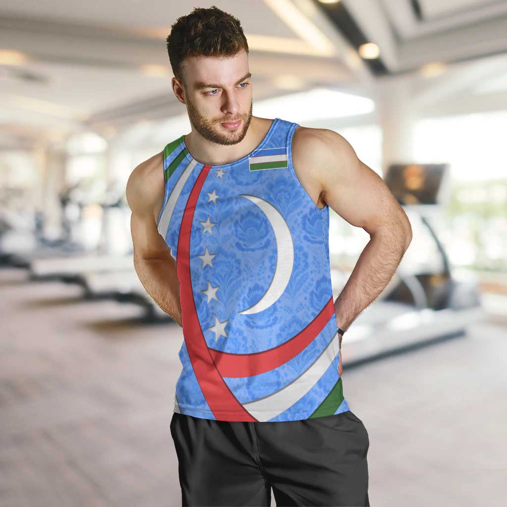 Uzbekistan Men Tank Top with Crescent Star and Ornamental Swirl Design - Wonder Print Shop