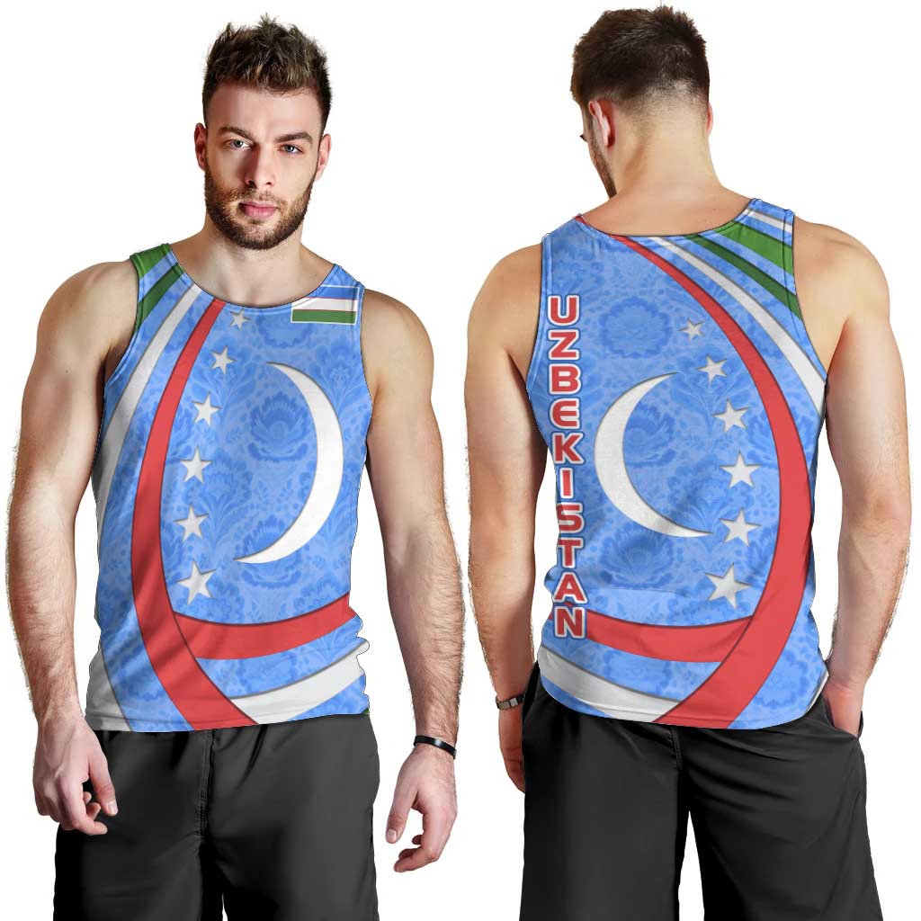 Uzbekistan Men Tank Top with Crescent Star and Ornamental Swirl Design - Wonder Print Shop