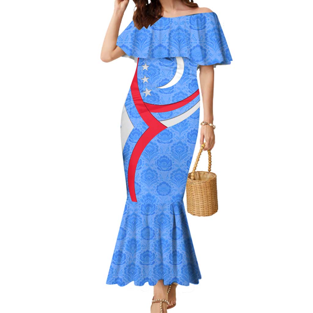 Uzbekistan Mermaid Dress with Crescent Star and Ornamental Swirl Design - Wonder Print Shop