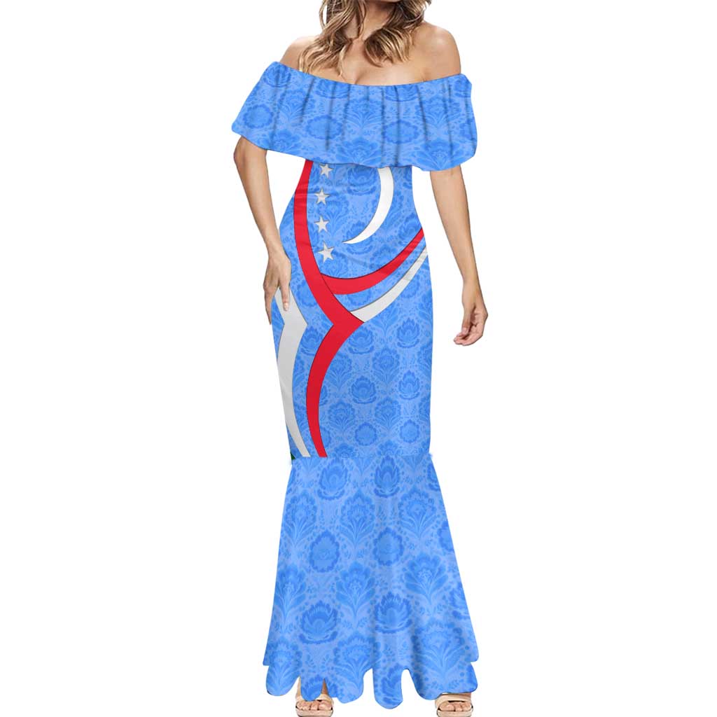 Uzbekistan Mermaid Dress with Crescent Star and Ornamental Swirl Design - Wonder Print Shop
