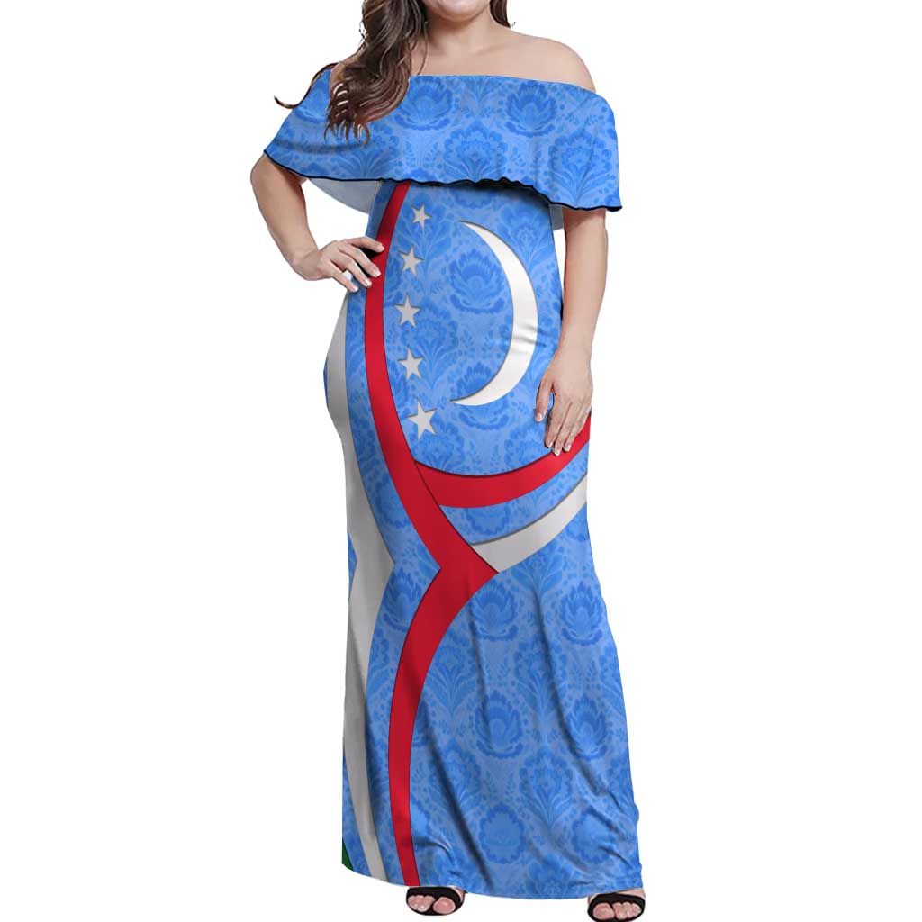 Uzbekistan Off Shoulder Maxi Dress with Crescent Star and Ornamental Swirl Design - Wonder Print Shop