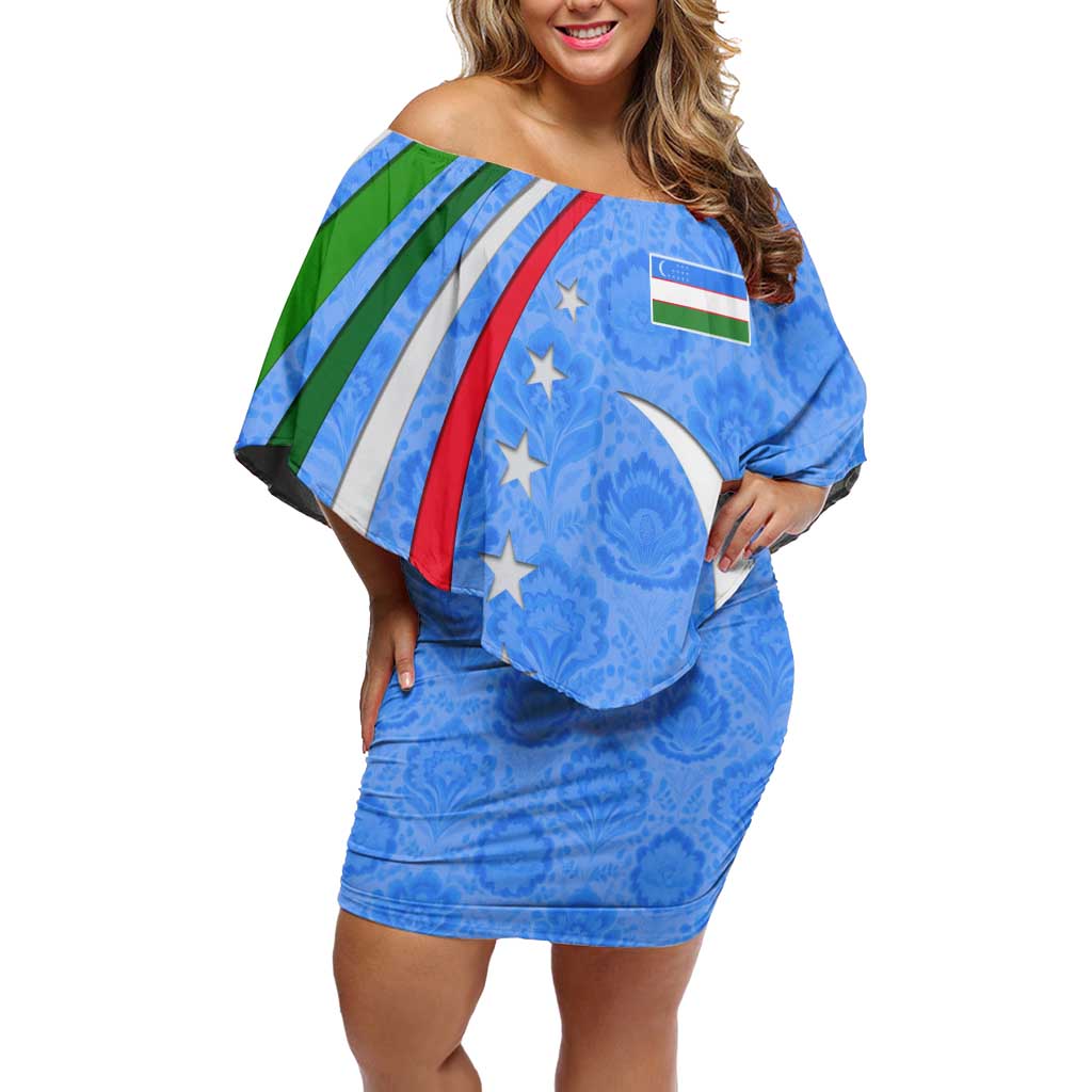 Uzbekistan Off Shoulder Short Dress with Crescent Star and Ornamental Swirl Design - Wonder Print Shop