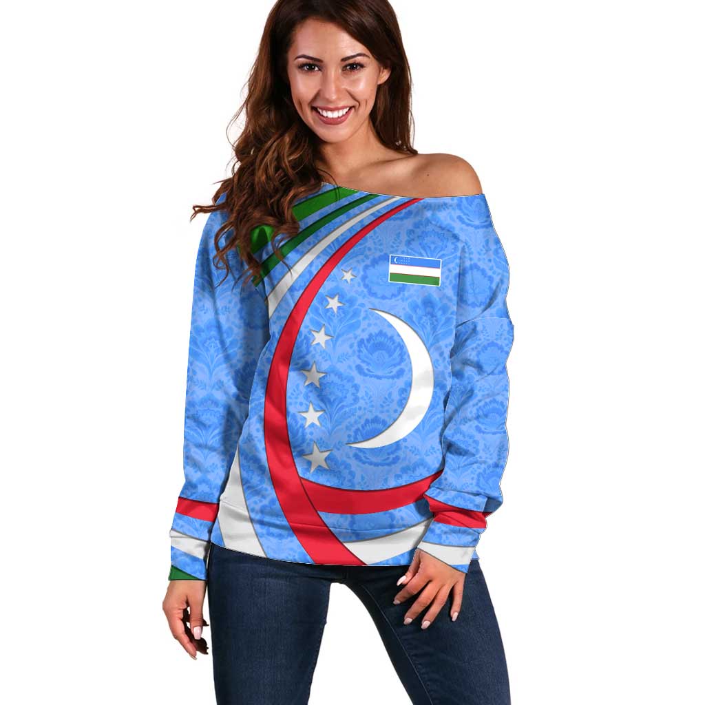 Uzbekistan Off Shoulder Sweater with Crescent Star and Ornamental Swirl Design - Wonder Print Shop