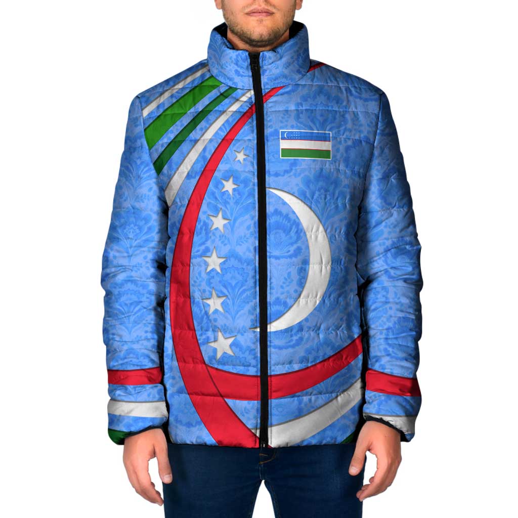 Uzbekistan Padded Jacket with Crescent Star and Ornamental Swirl Design - Wonder Print Shop