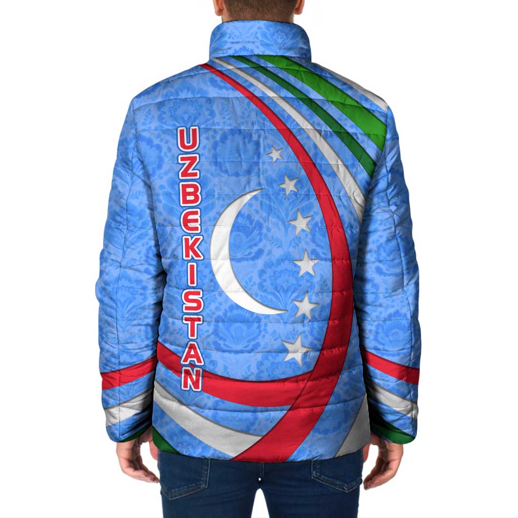 Uzbekistan Padded Jacket with Crescent Star and Ornamental Swirl Design - Wonder Print Shop