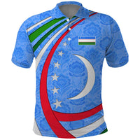 Uzbekistan Polo Shirt with Crescent Star and Ornamental Swirl Design - Wonder Print Shop
