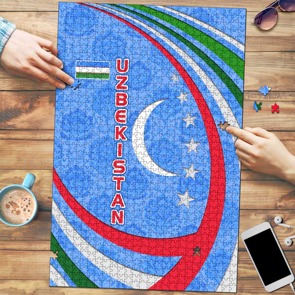Uzbekistan Puzzle with Crescent Star and Ornamental Swirl Design - Wonder Print Shop