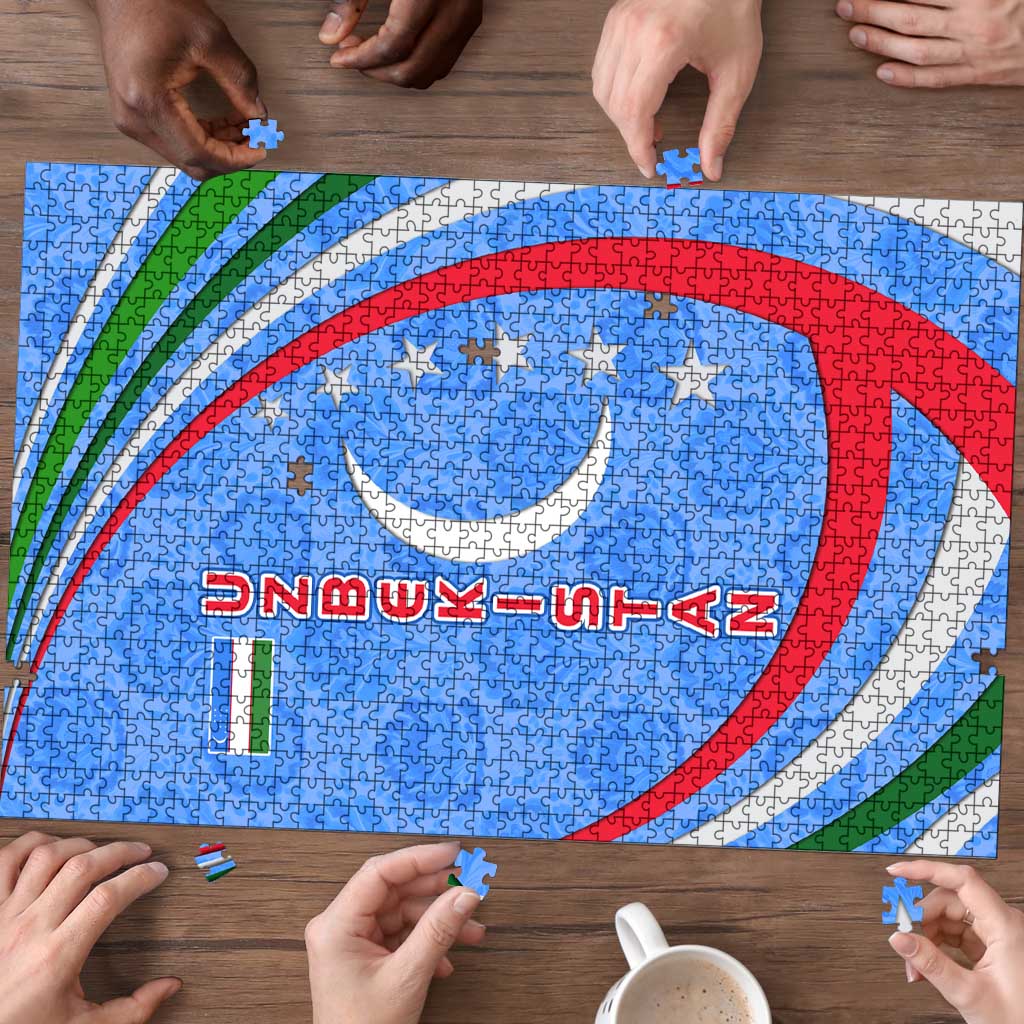 Uzbekistan Puzzle with Crescent Star and Ornamental Swirl Design - Wonder Print Shop