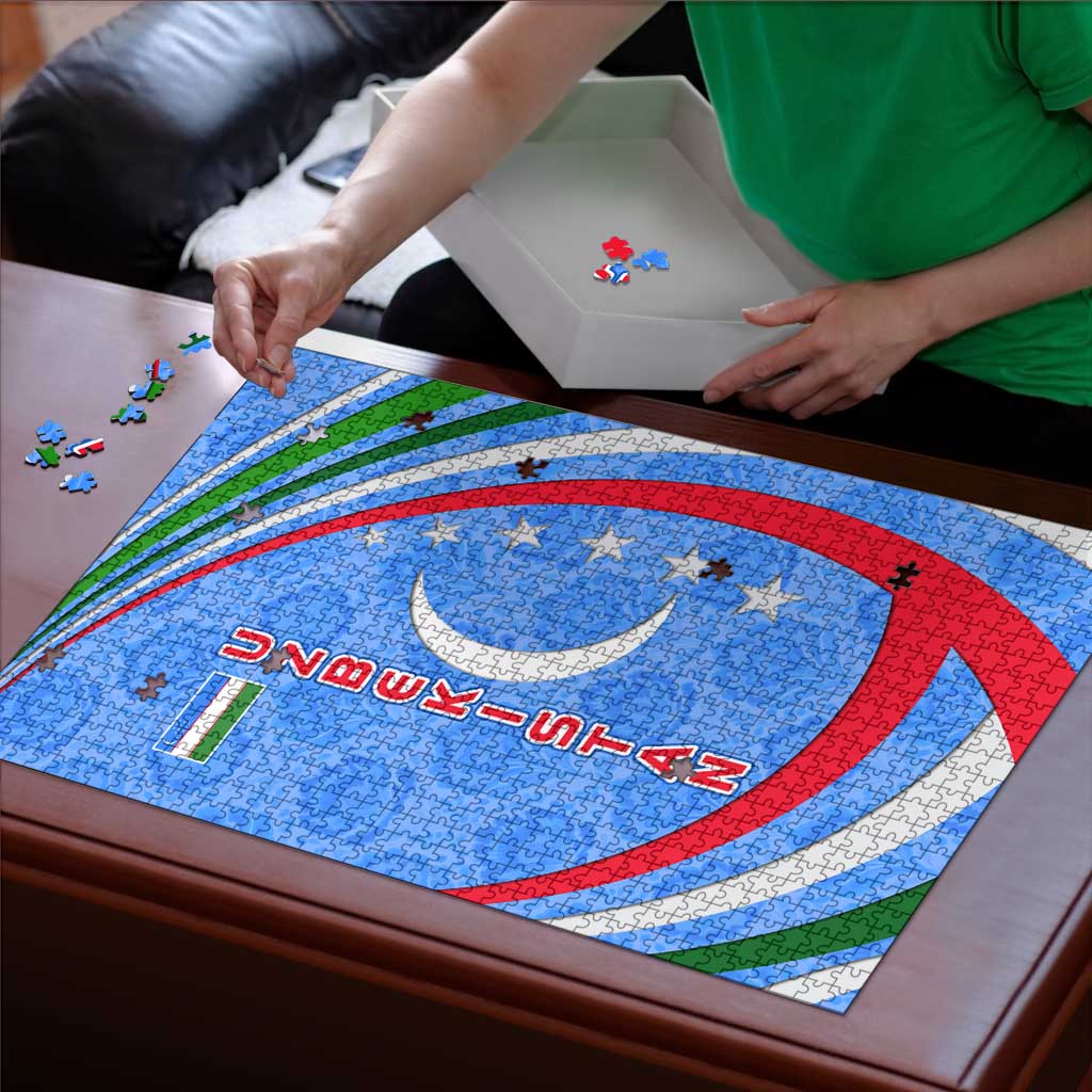 Uzbekistan Puzzle with Crescent Star and Ornamental Swirl Design - Wonder Print Shop