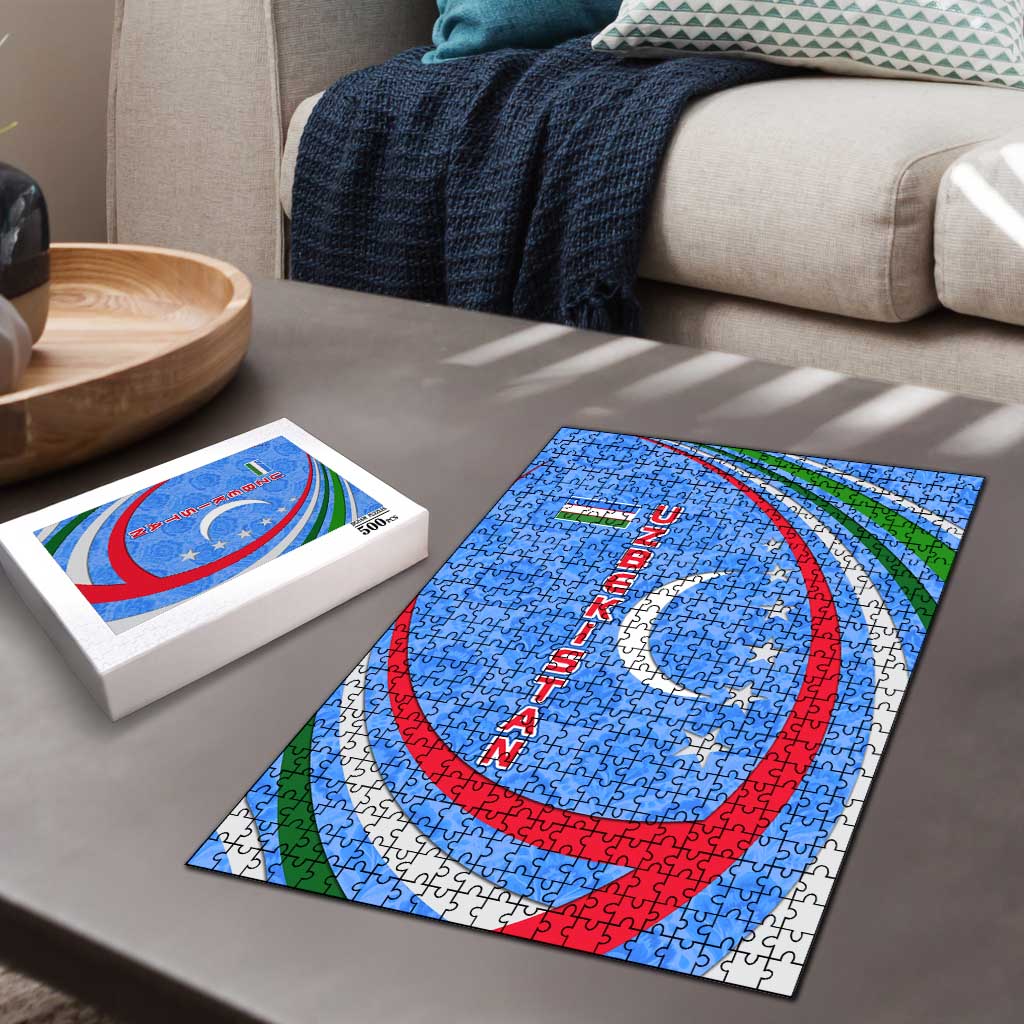 Uzbekistan Puzzle with Crescent Star and Ornamental Swirl Design - Wonder Print Shop