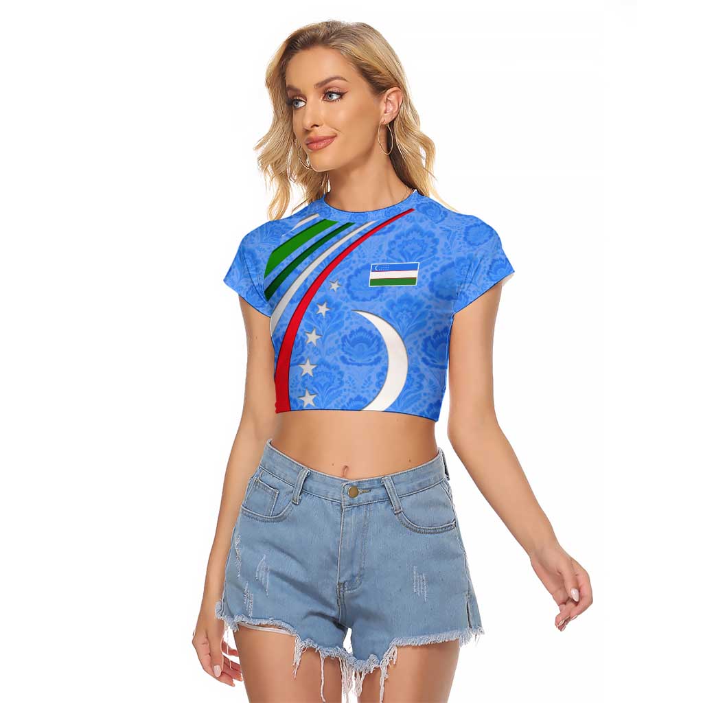 Uzbekistan Raglan Cropped T Shirt with Crescent Star and Ornamental Swirl Design - Wonder Print Shop