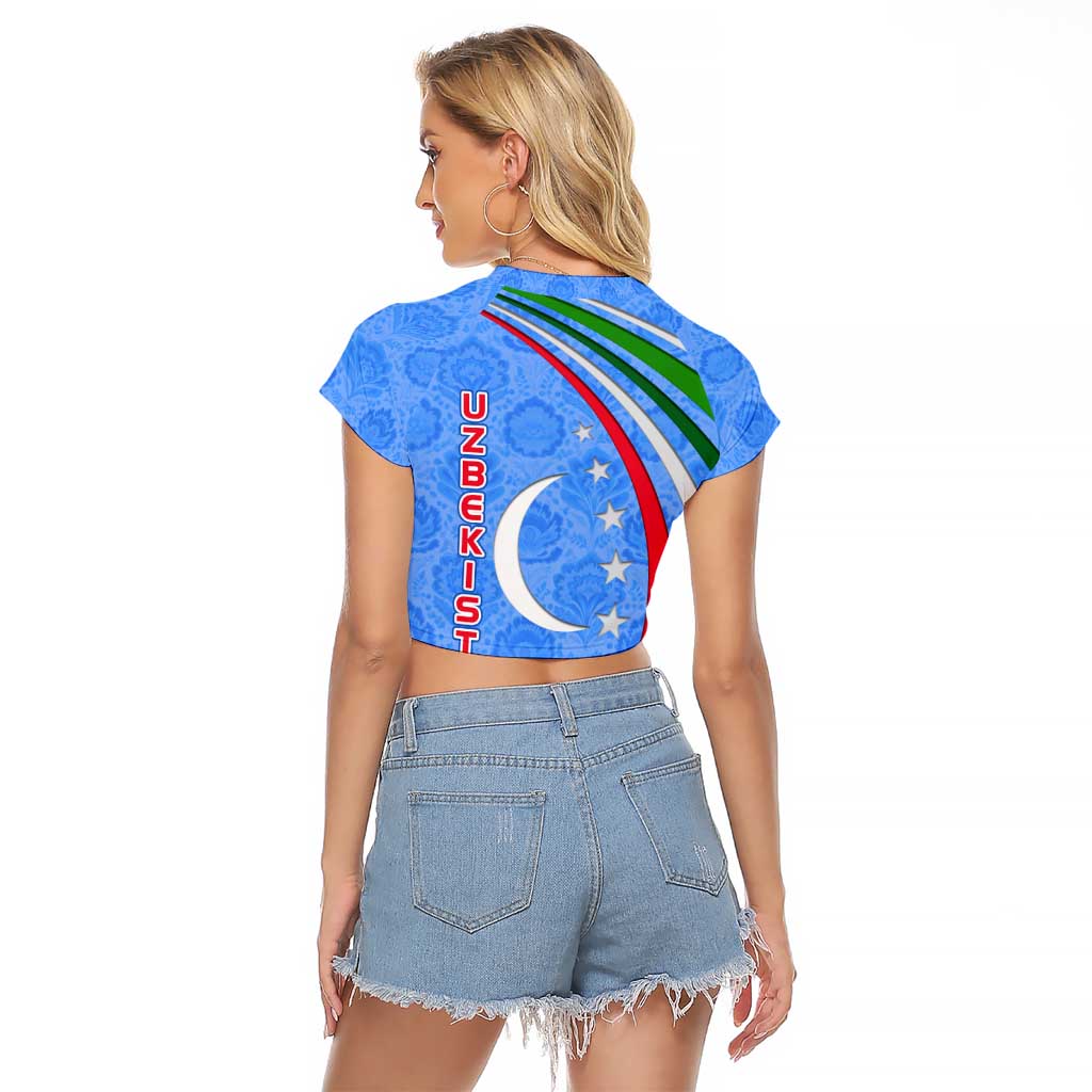 Uzbekistan Raglan Cropped T Shirt with Crescent Star and Ornamental Swirl Design - Wonder Print Shop