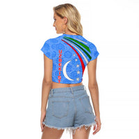Uzbekistan Raglan Cropped T Shirt with Crescent Star and Ornamental Swirl Design - Wonder Print Shop