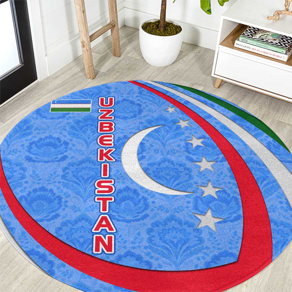 Uzbekistan Round Carpet with Crescent Star and Ornamental Swirl Design - Wonder Print Shop