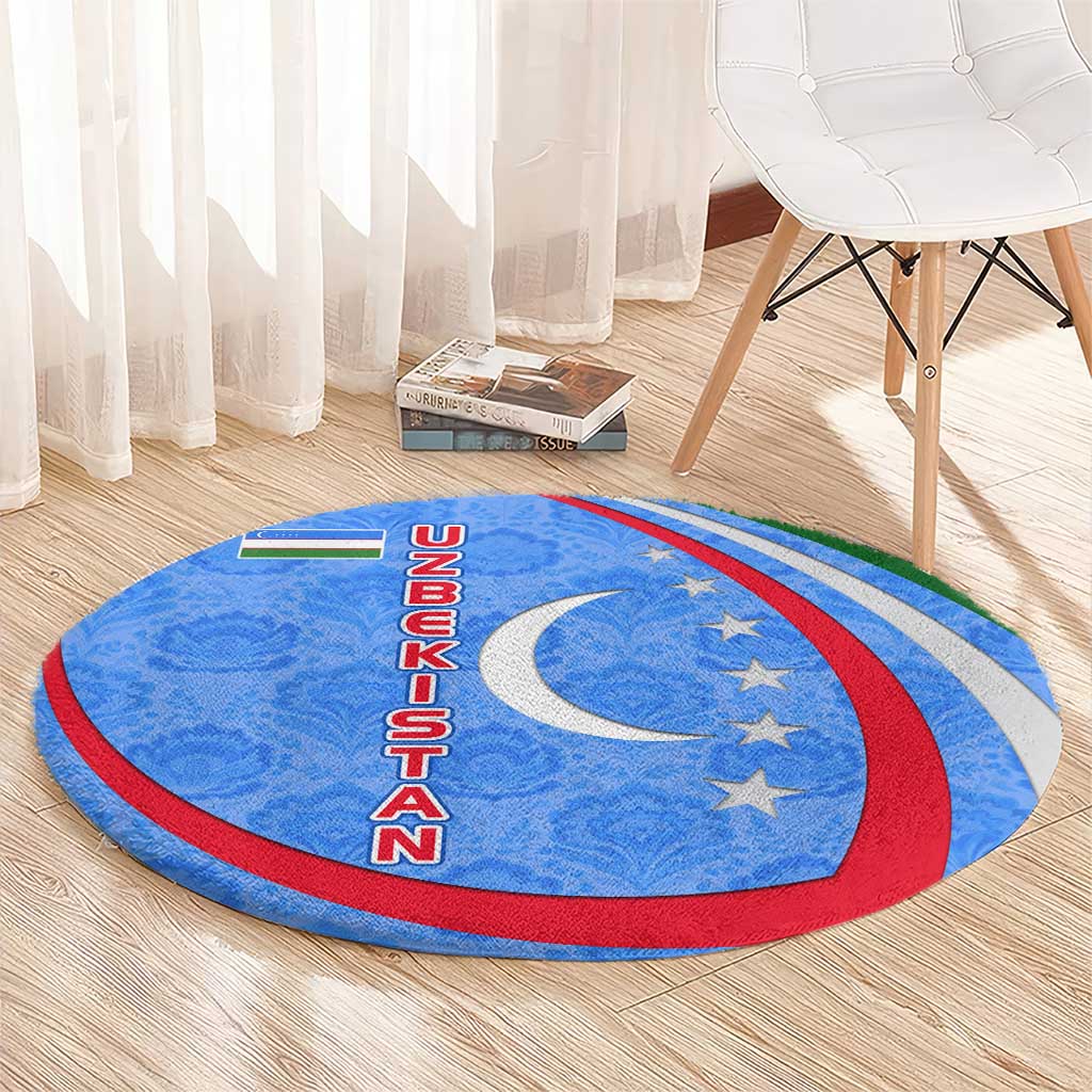 Uzbekistan Round Carpet with Crescent Star and Ornamental Swirl Design - Wonder Print Shop
