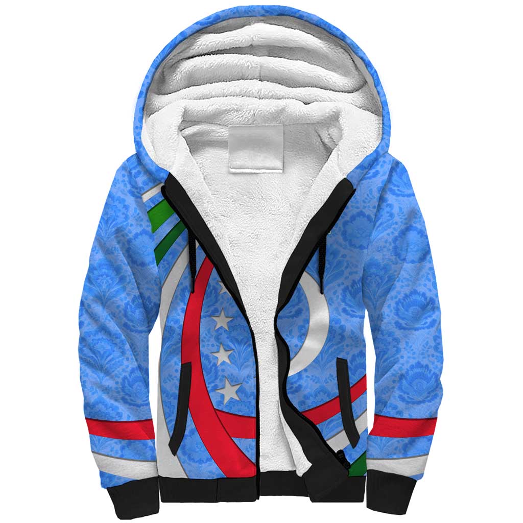 Uzbekistan Sherpa Hoodie with Crescent Star and Ornamental Swirl Design - Wonder Print Shop