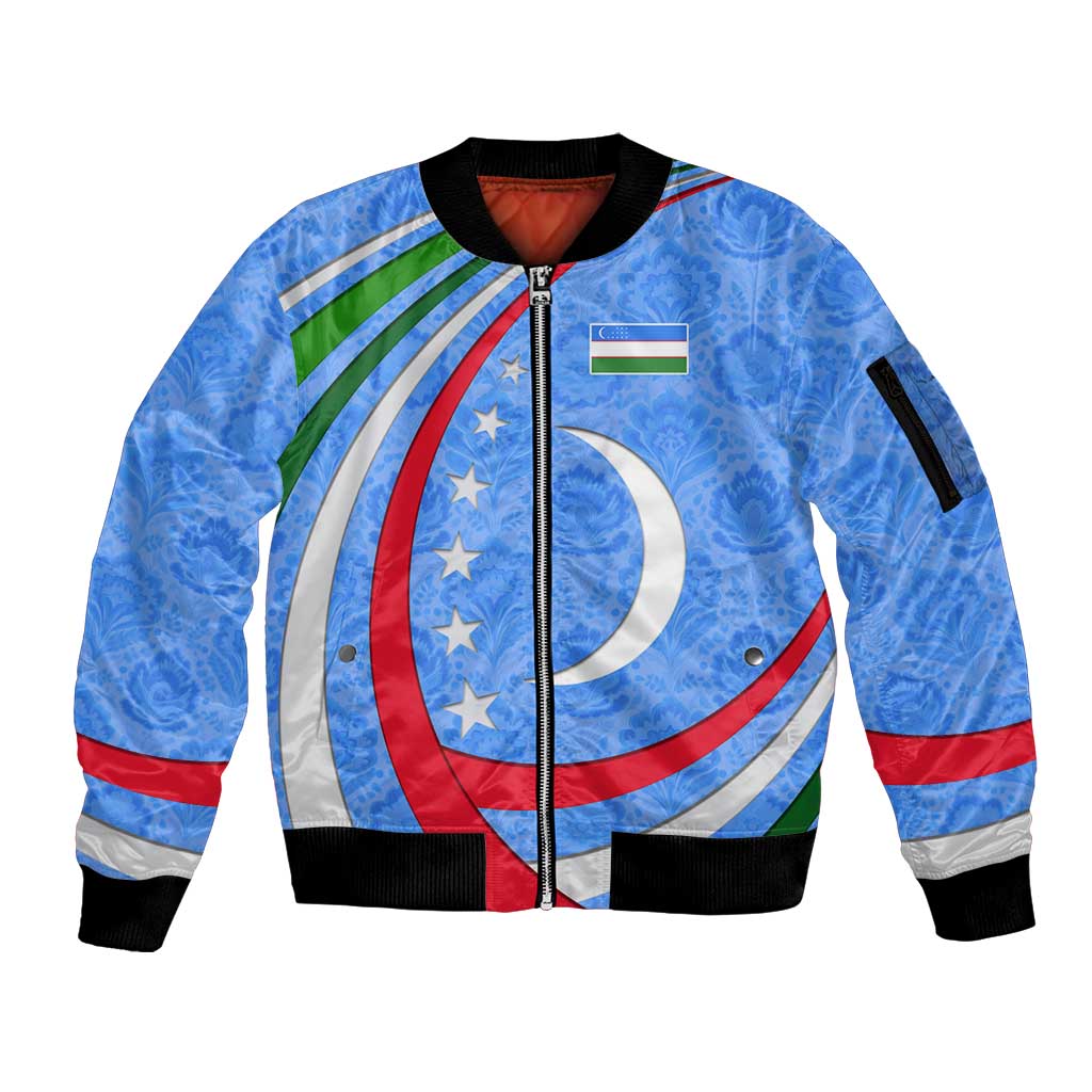 Uzbekistan Sleeve Zip Bomber Jacket with Crescent Star and Ornamental Swirl Design - Wonder Print Shop