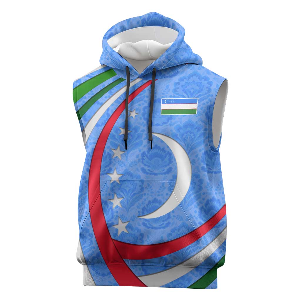 Uzbekistan Sleeveless Hoodie with Crescent Star and Ornamental Swirl Design - Wonder Print Shop