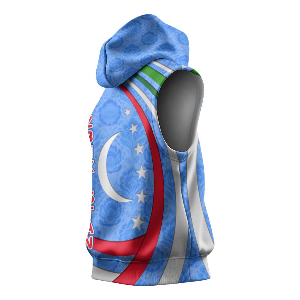 Uzbekistan Sleeveless Hoodie with Crescent Star and Ornamental Swirl Design - Wonder Print Shop