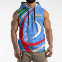 Uzbekistan Sleeveless Hoodie with Crescent Star and Ornamental Swirl Design - Wonder Print Shop