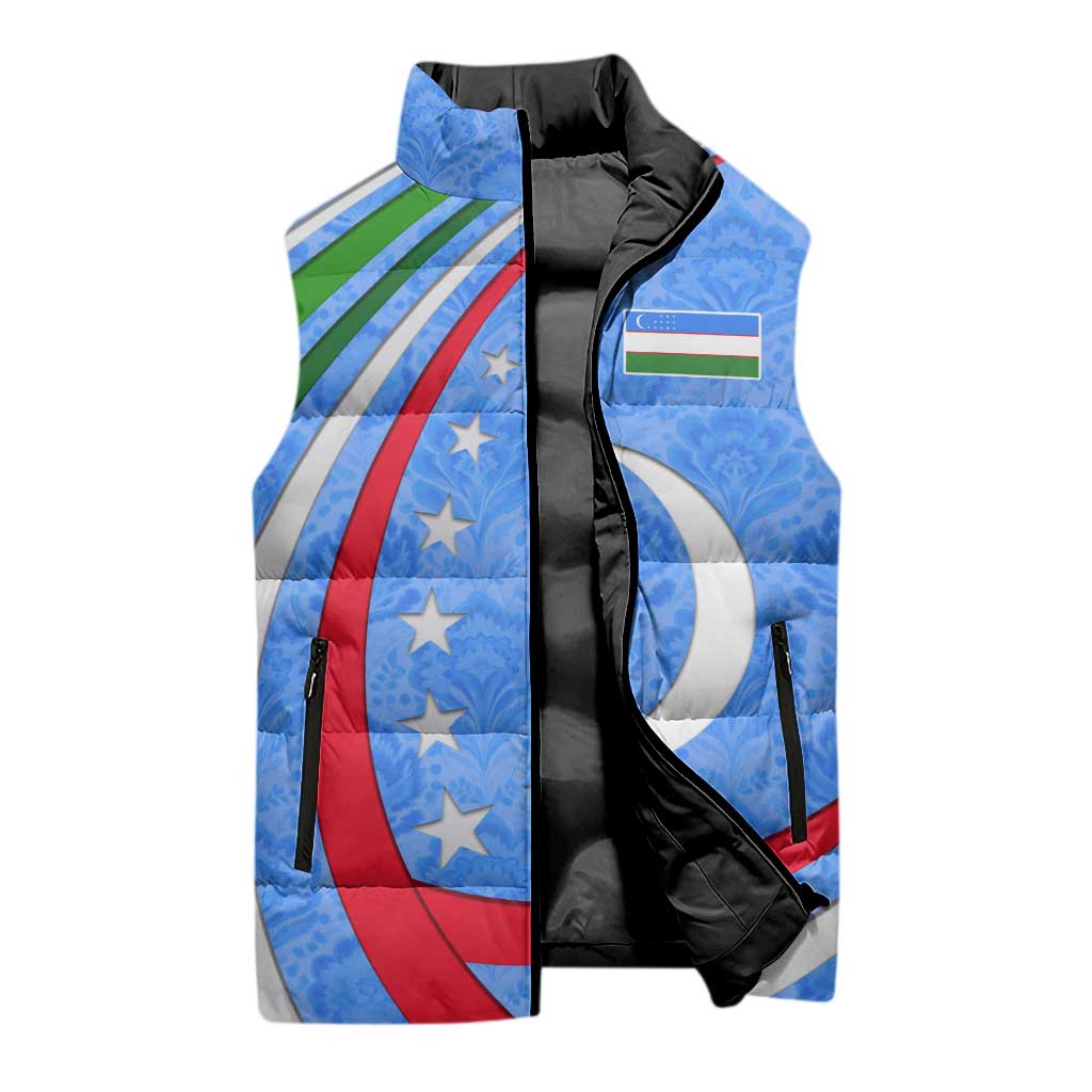 Uzbekistan Sleeveless Puffer Jacket with Crescent Star and Ornamental Swirl Design - Wonder Print Shop