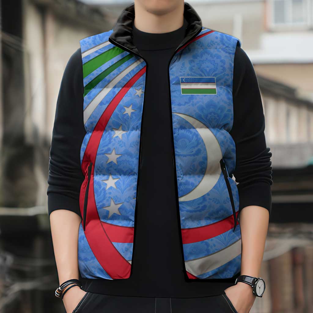 Uzbekistan Sleeveless Puffer Jacket with Crescent Star and Ornamental Swirl Design - Wonder Print Shop