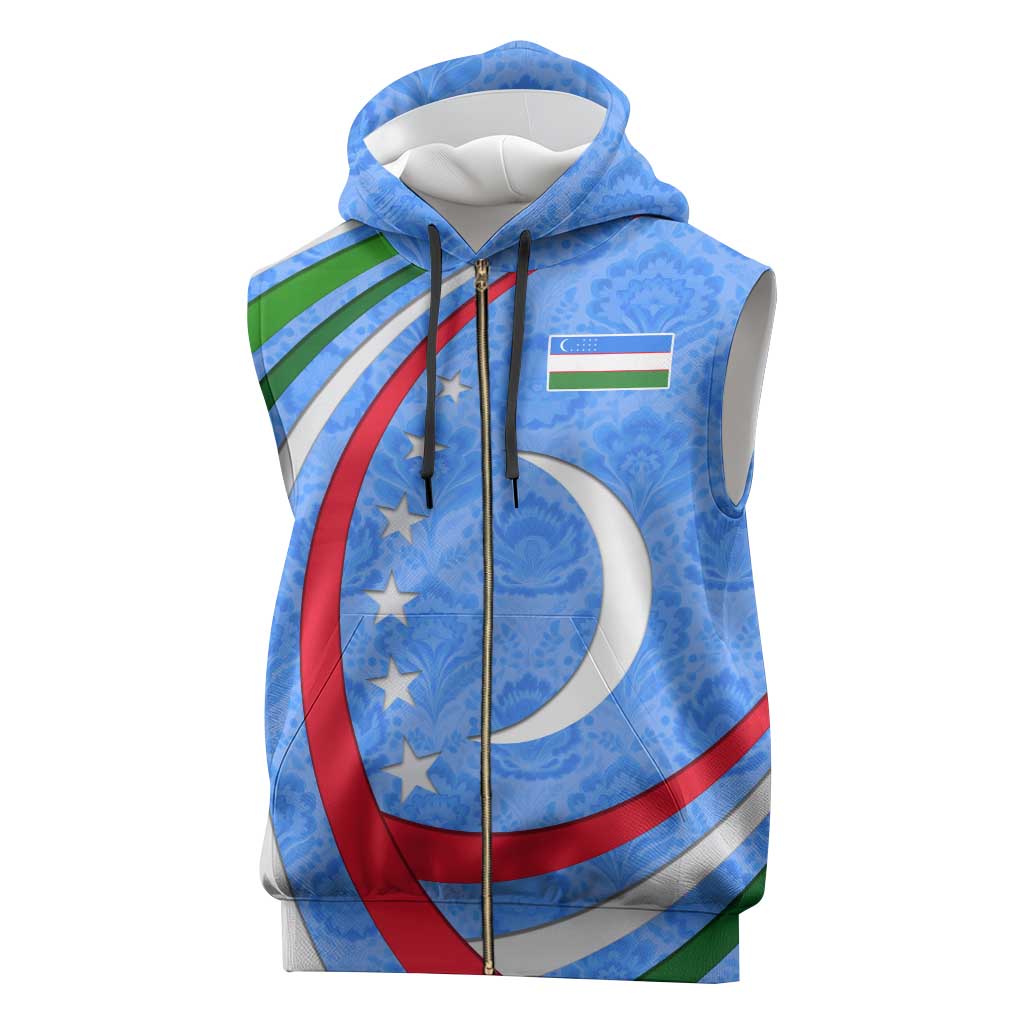 Uzbekistan Sleeveless Zip Hoodie with Crescent Star and Ornamental Swirl Design - Wonder Print Shop