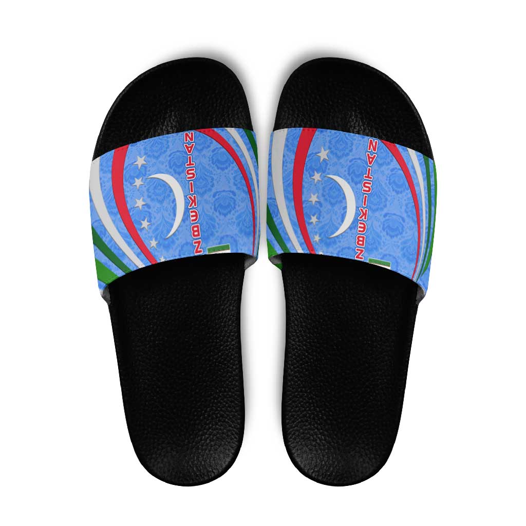 Uzbekistan Slide Sandals with Crescent Star and Ornamental Swirl Design - Wonder Print Shop