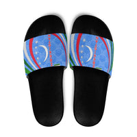 Uzbekistan Slide Sandals with Crescent Star and Ornamental Swirl Design - Wonder Print Shop
