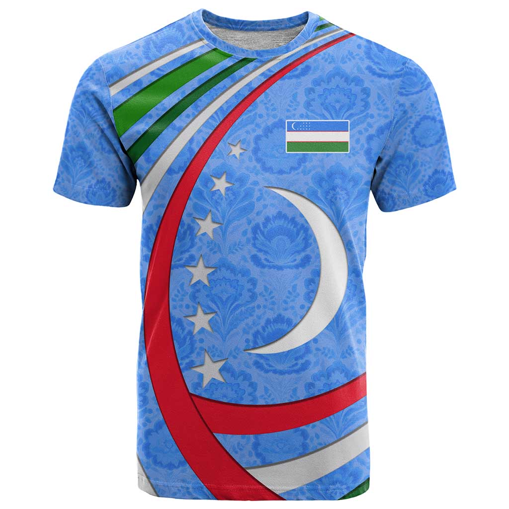 Uzbekistan T Shirt with Crescent Star and Ornamental Swirl Design - Wonder Print Shop