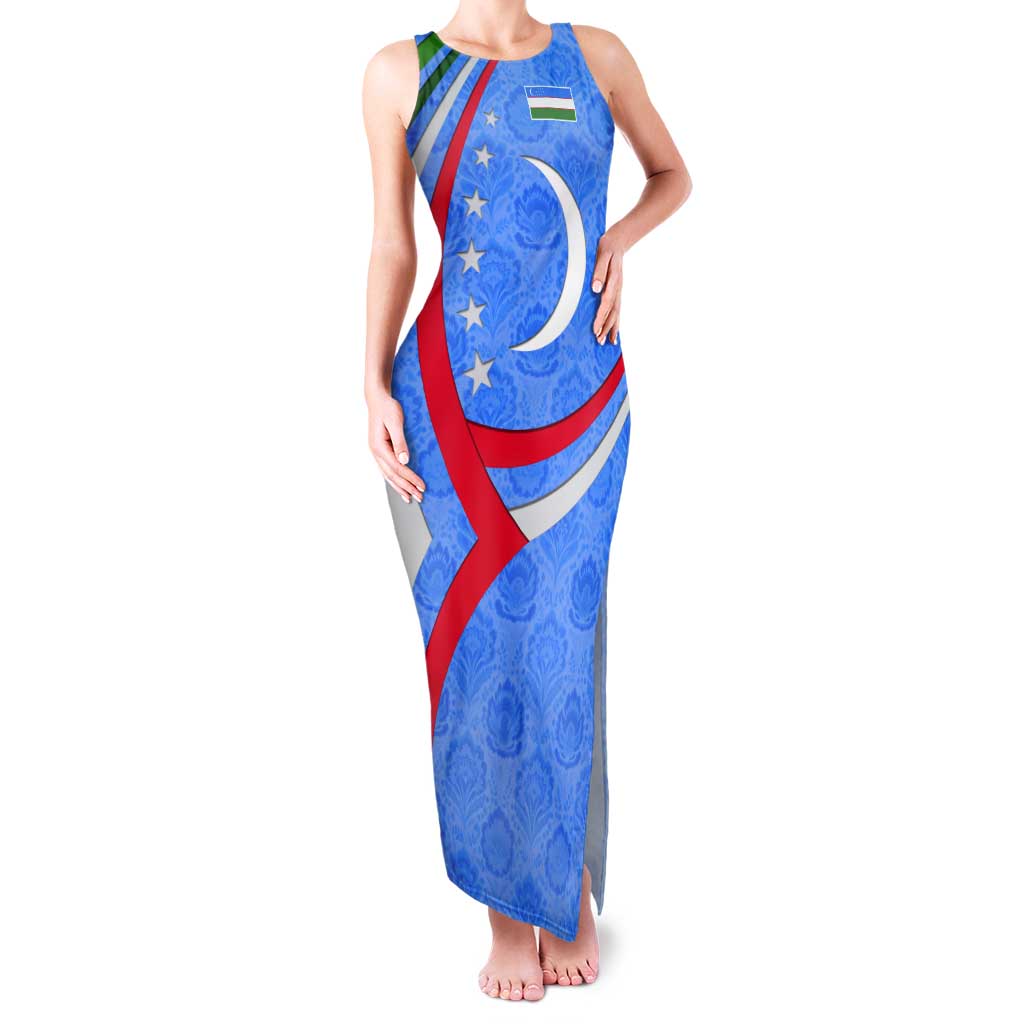 Uzbekistan Tank Maxi Dress with Crescent Star and Ornamental Swirl Design - Wonder Print Shop