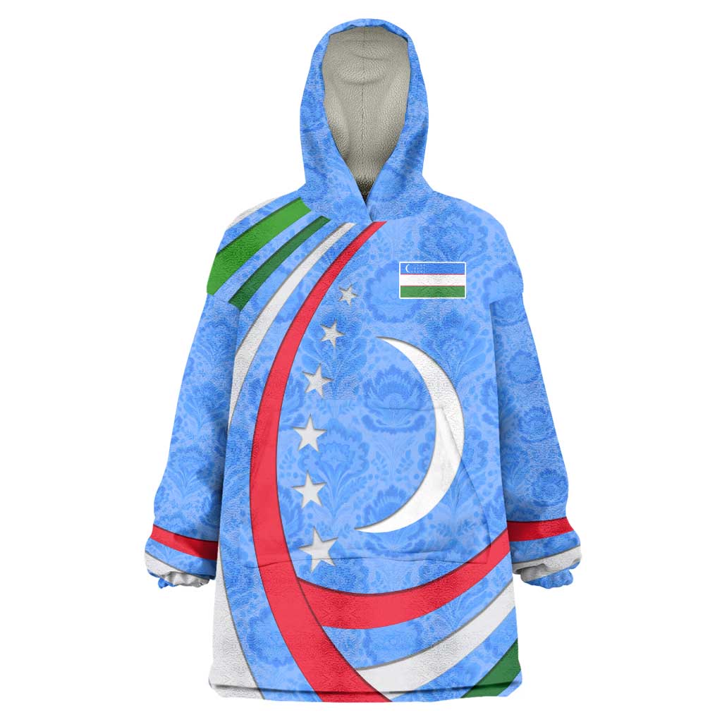 Uzbekistan Wearable Blanket Hoodie with Crescent Star and Ornamental Swirl Design - Wonder Print Shop